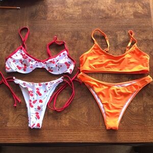 Shein Bundle Two Swim Suit Bikini Set, Cherry Print & Bright Orange Small